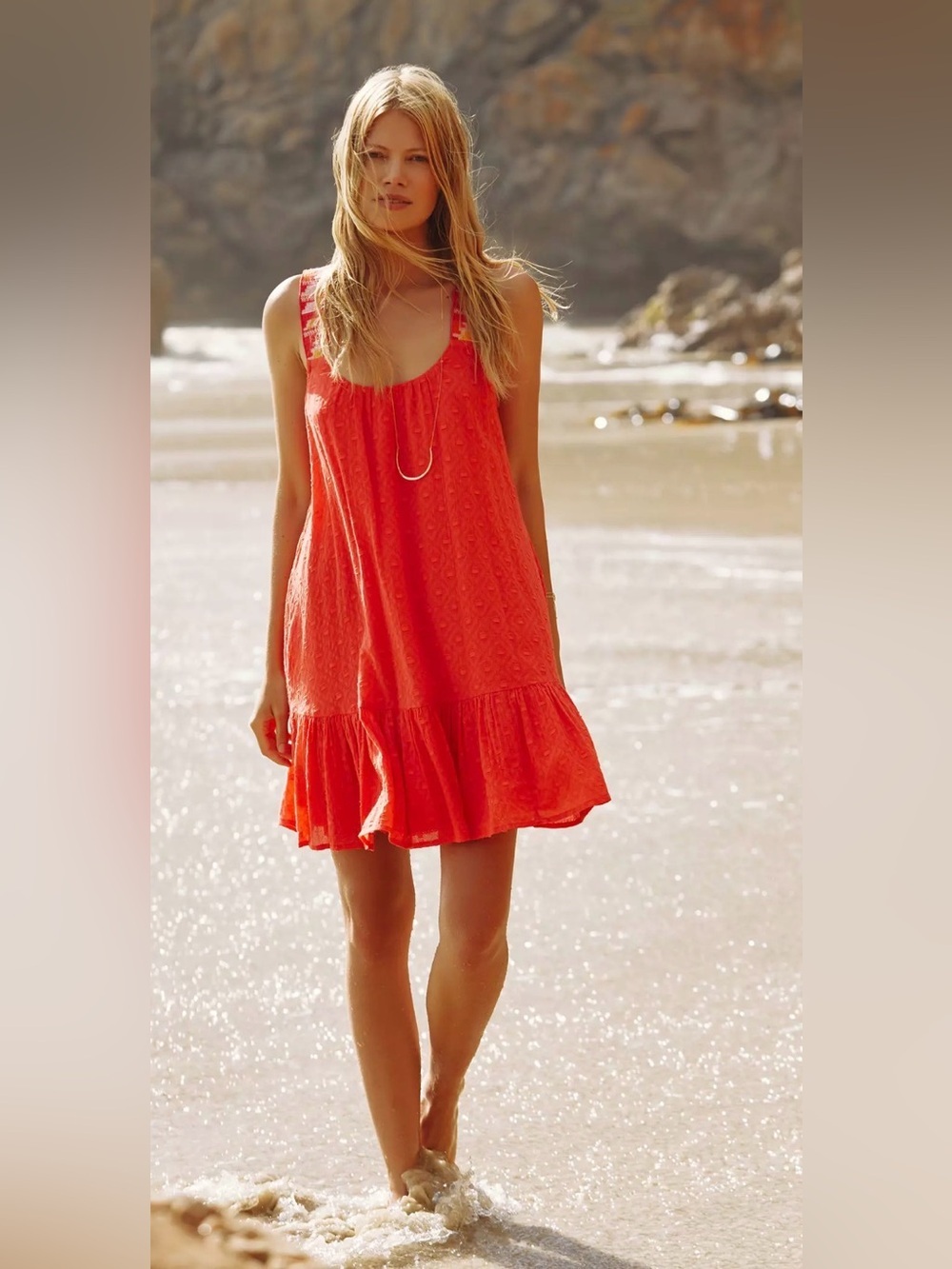 Anthropologie Coral Embroidered Ruffle-Hem Midi Sundress